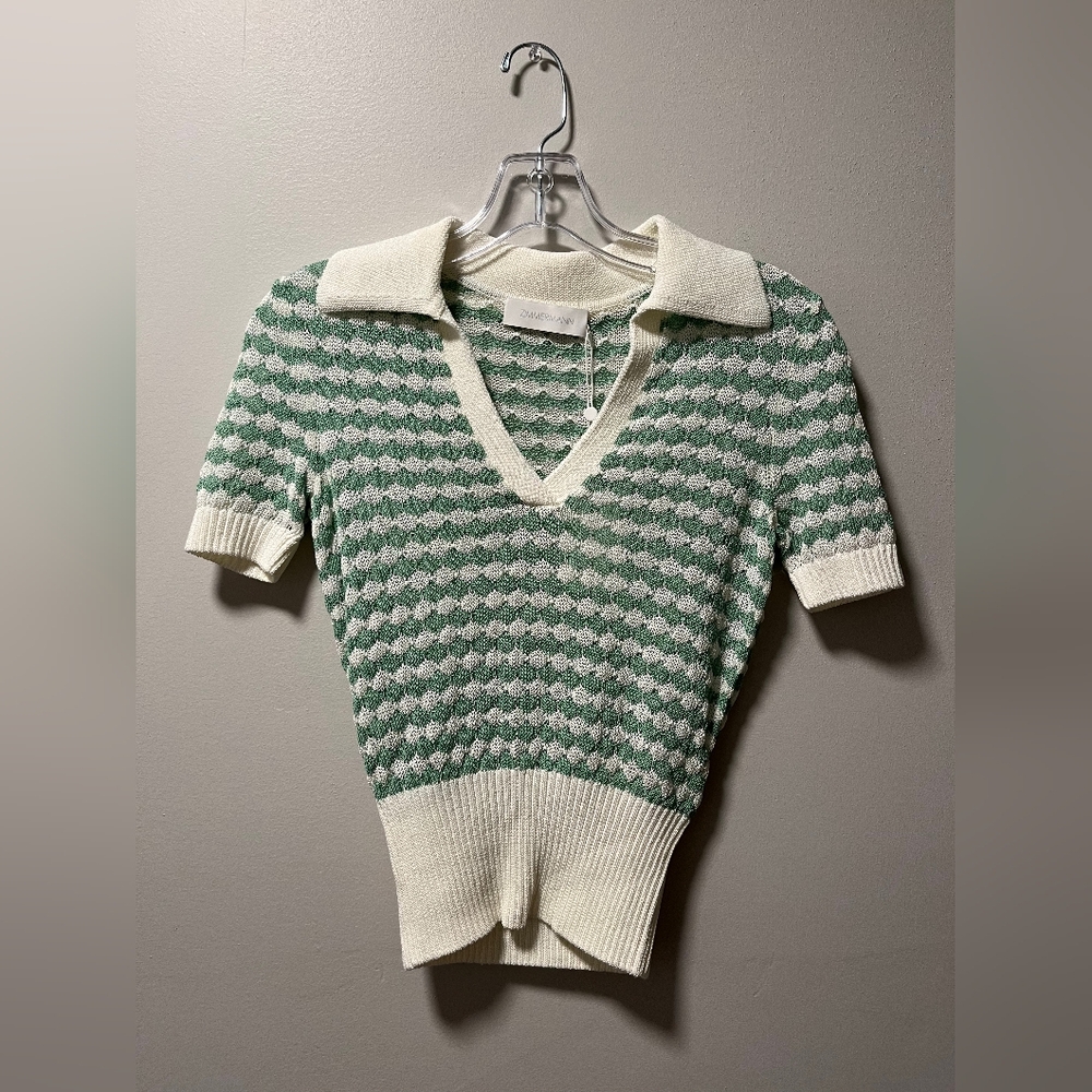 Zimmermann Mint Green and Cream V-Neck Sweater